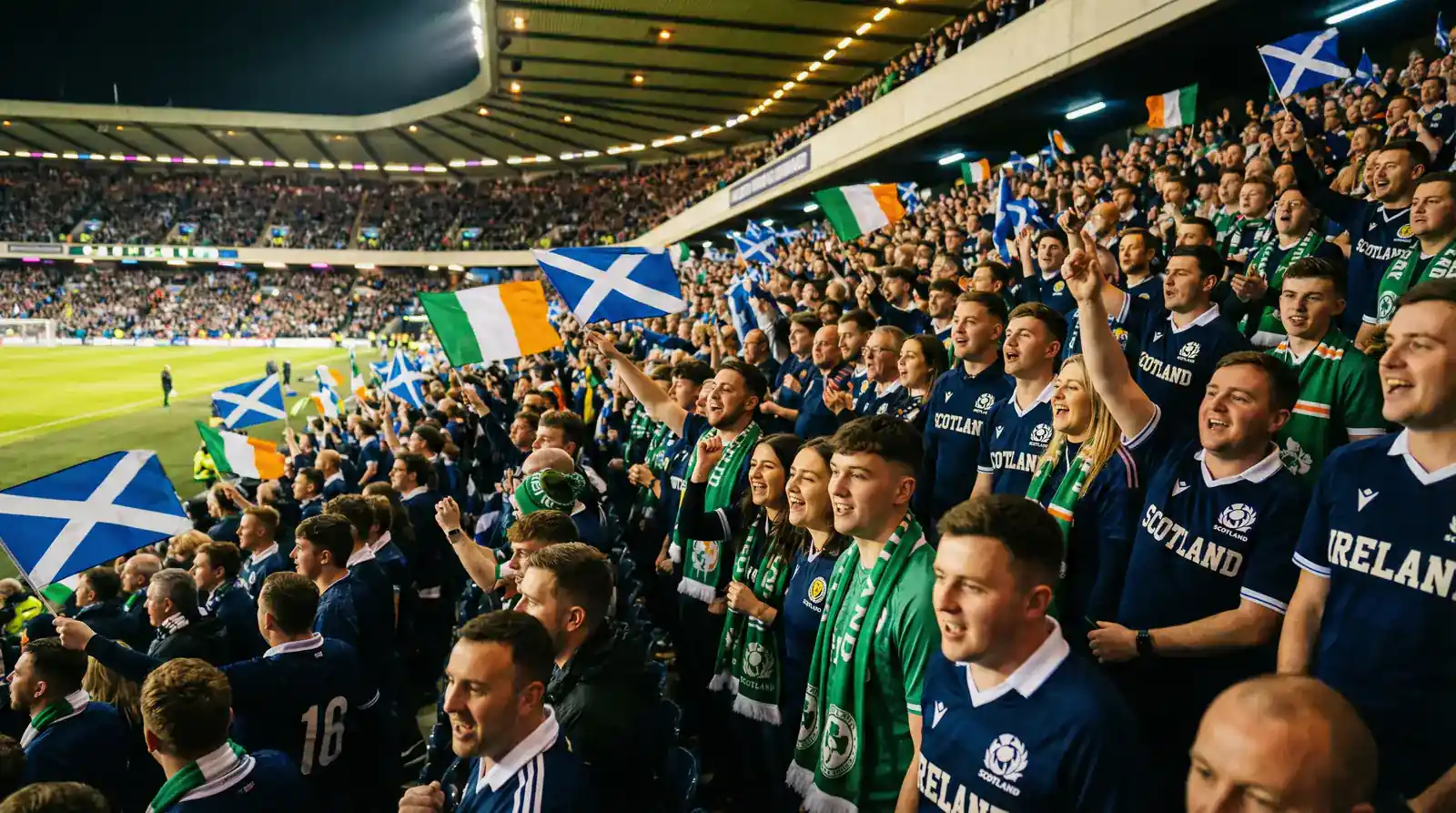 Tacaithe Albanacha agus Éireannacha ag comórtas idirnáisiúnta sacair le bratacha Ceilteacha