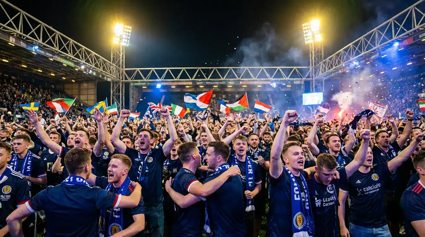 Lucht leanúna sacair ag ceiliúradh le bratacha i staid faoi shoilse oíche