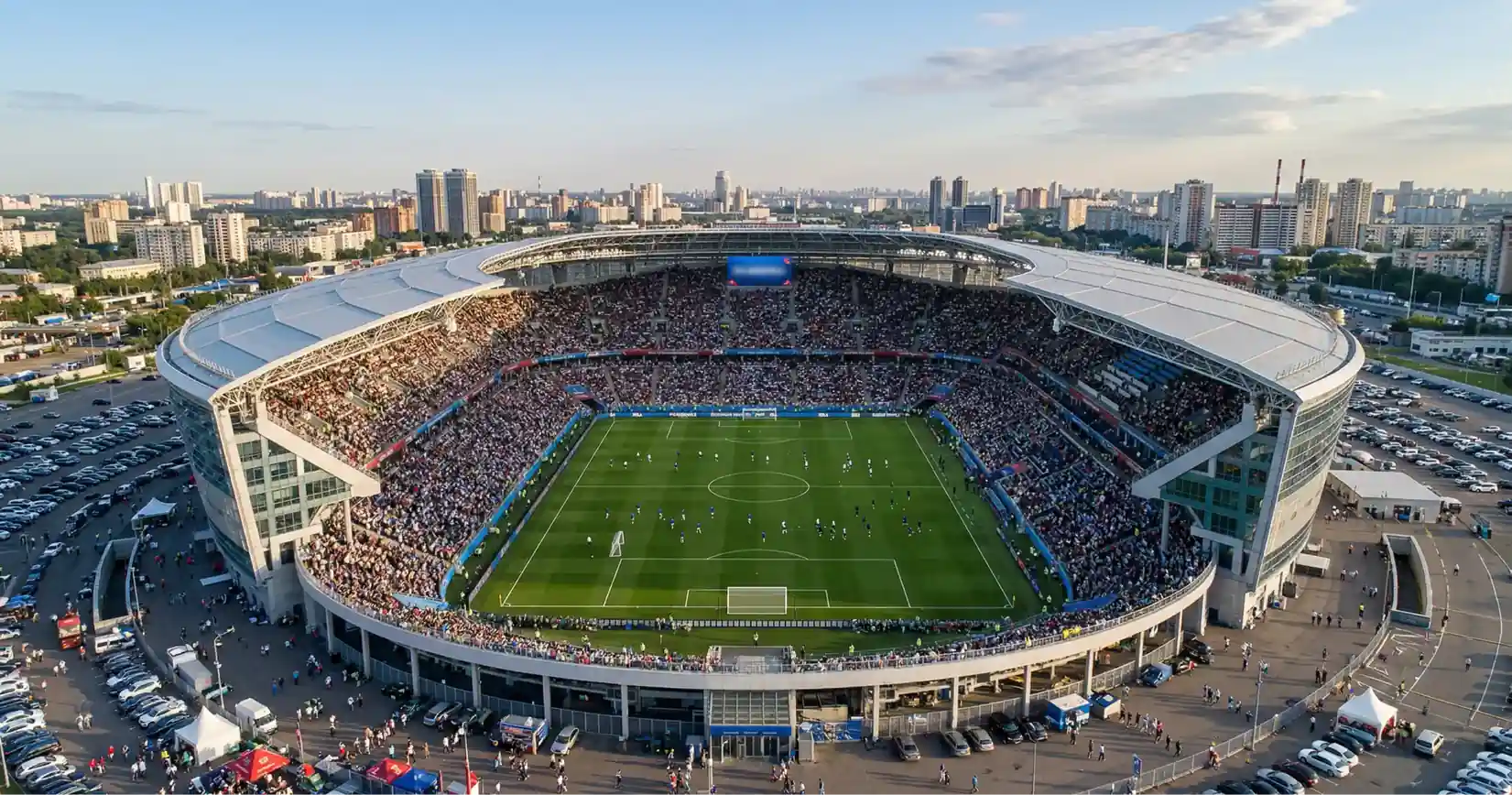 Staid mhór sacair i Meiriceá le suíocháin fholmha agus páirc ghlasféar