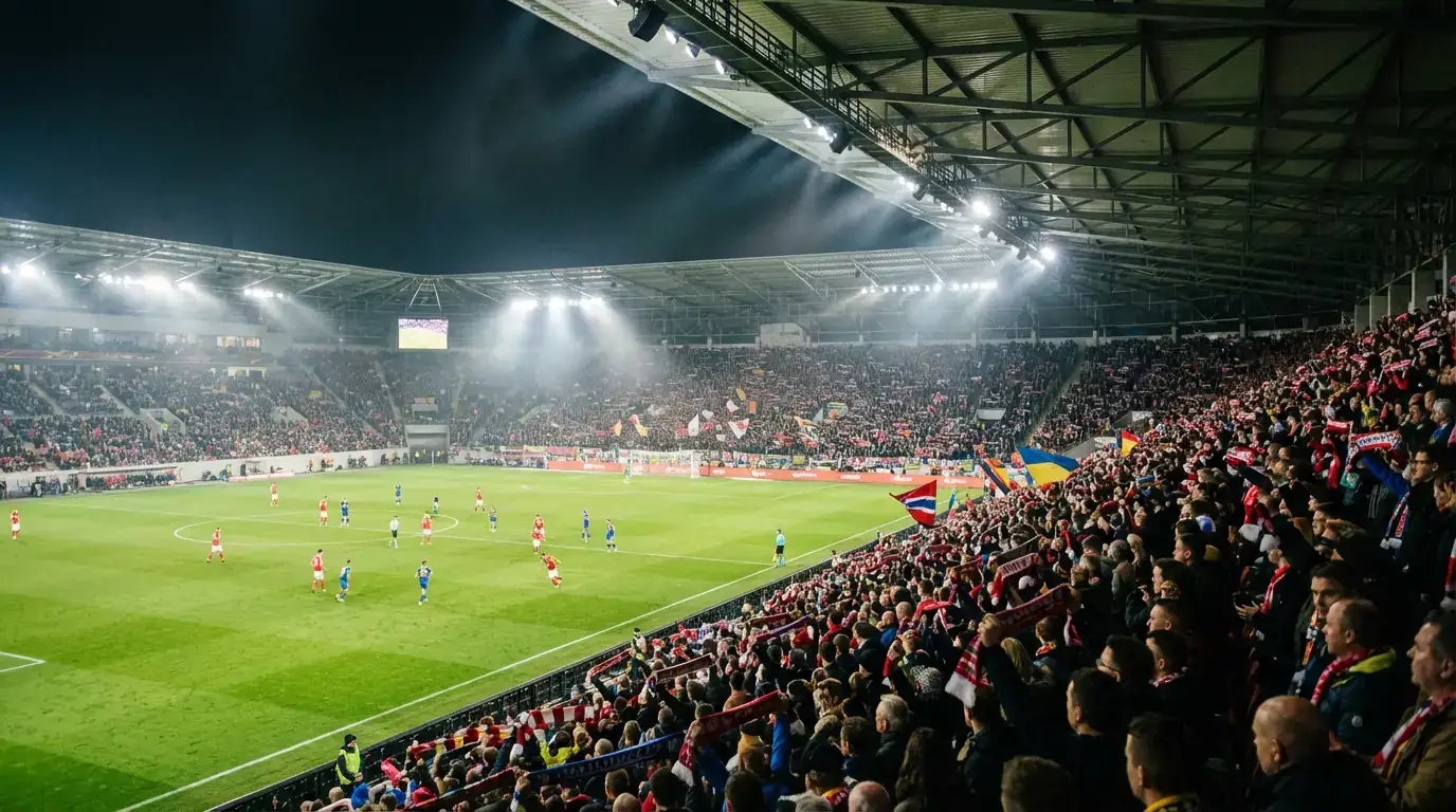 Staid sacair lán le lucht feachana ag cluiche idirnáisiúnta sacair faoi shoilse oíche
