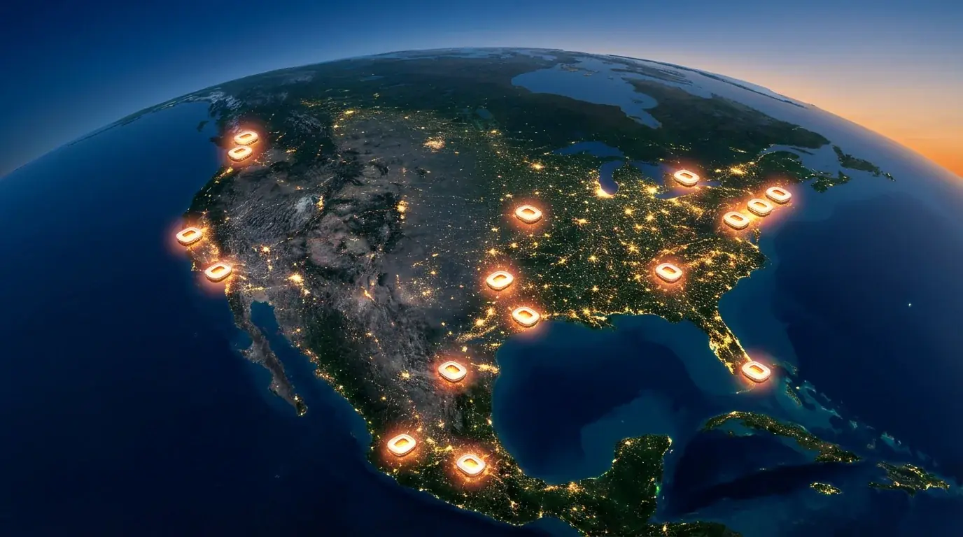 Léarscáil de na 16 staid ag Corn an Domhain 2026 ar fud SAM, Meicsiceo agus Ceanada